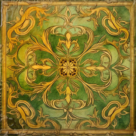 grunge floral background with golden ornaments on the old paper, ancient ornament pattern, handmadeの素材