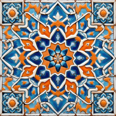 Detail of the colorful ceramic tiles on the wall of the mosque, ancient ornament pattern, handmade,の素材