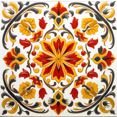 Detail of a gothic wall decorated with red and yellow flowers, ancient ornament pattern, handmade,の素材