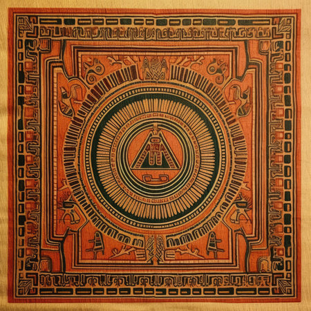 Egyptian hieroglyphs on the background of the ancient carpet, ancient ornament pattern, handmadeの素材