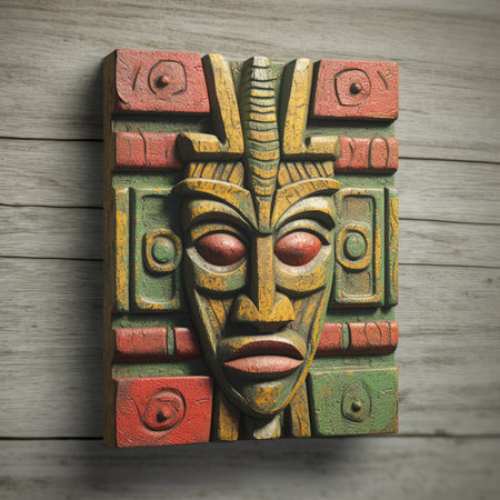 Ancient wooden mask on a wooden background. The concept of tourism and travel, ancient ornament pattern, african ornament on wood and metal, handmadeの素材
