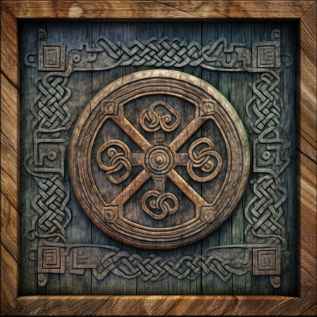Wooden shield on a wooden background. 3d rendering. Computer digital drawing, ancient ornament pattern, african ornament on wood and metal, handmadeの素材