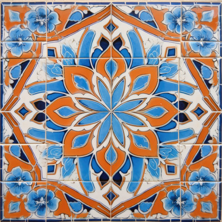 Detail of Portuguese glazed tiles. Colorful ceramic tiles, ancient ornament pattern, handmade,の素材