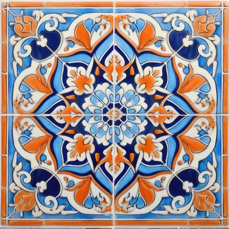 Detail of traditional portuguese azulejo ceramic tiles, ancient ornament pattern, handmade,の素材