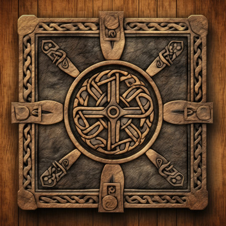 Viking symbol on a wooden background. 3d rendering. Computer digital drawing, ancient ornament pattern, african ornament on wood and metal, handmadeの素材