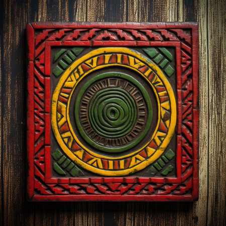 Wooden background with decorative ornament. 3d rendering. Computer digital drawing, ancient ornament pattern, african ornament on wood and metal, handmadeの素材