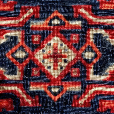 Closeup detail of a colorful hand made carpet rug texture background.の素材
