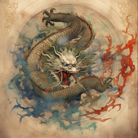 Fantasy dragon on the background of watercolor stains. Hand drawn illustration, ancient ornament pattern, handmade, embroidered on fabricの素材