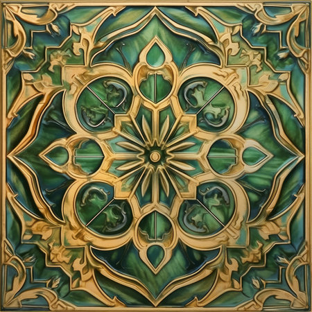 Closeup detail of a beautiful glazed tile in a shop window, ancient ornament pattern, handmadeの素材