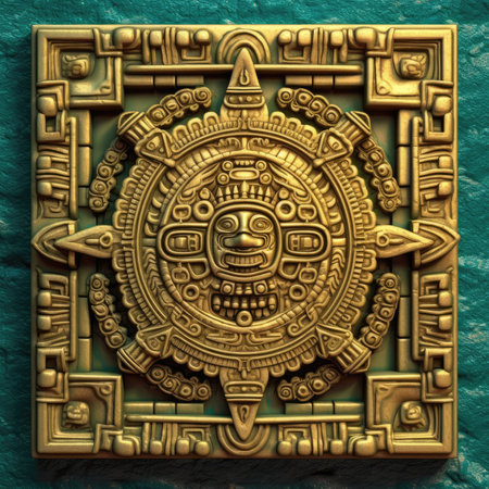 Golden mask on turquoise wall. 3D rendering. Computer digital drawing, ancient ornament pattern, aztec incas maya ornament on gold metal, handmadeの素材