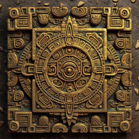 3d illustration of abstract metal background with different geometric shapes and symbols, ancient ornament pattern, aztec incas maya ornament on gold metal, handmadeの素材