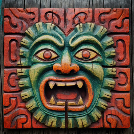 Wood carving of the face of a tiki idol on a wooden door, ancient ornament pattern, african ornament on wood and metal, handmadeの素材