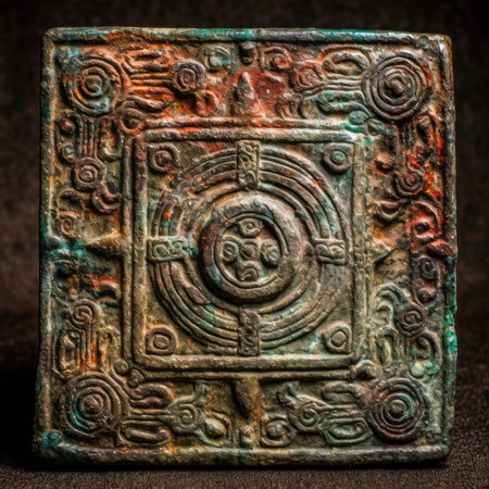 Antique copper box on dark background. Close-up shot, ancient ornament pattern, aztec incas maya ornament on gold metal, handmadeの素材