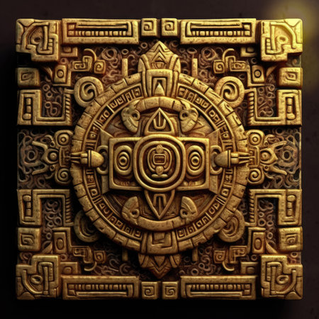 3D rendering of a gold coin on a black background with a pattern, ancient ornament pattern, aztec incas maya ornament on gold metal, handmadeの素材
