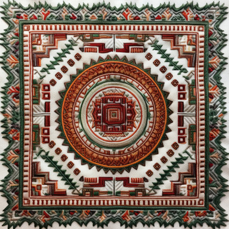 Colorful Turkish carpet with a pattern in the form of a circle, ancient ornament pattern, handmade, embroidered on fabricの素材