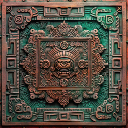 Korean traditional pattern on the door in the form of a lion, ancient ornament pattern, aztec incas maya ornament on gold metal, handmadeの素材