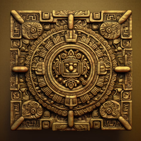 3d rendering of an ancient Greek ornament on a gold background, ancient ornament pattern, aztec incas maya ornament on gold metal, handmadeの素材