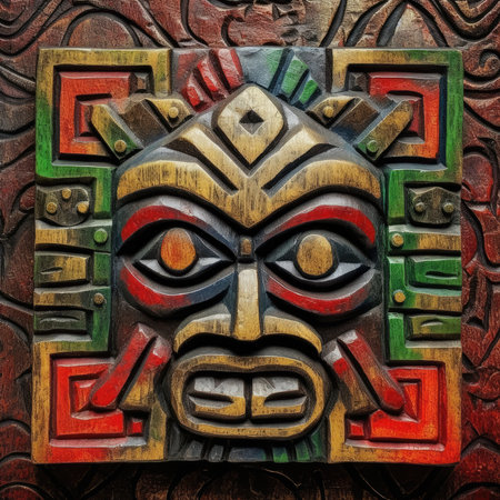 Tribal mask on a wooden door in the old town, ancient ornament pattern, african ornament on wood and metal, handmadeの素材