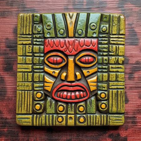 Tiki mask on a wooden background. Tribal mask on a wooden background, ancient ornament pattern, african ornament on wood and metal, handmadeの素材