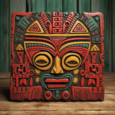 Tiki mask on a wooden background. Ethnic totem. 3d illustration, ancient ornament pattern, african ornament on wood and metal, handmadeの素材