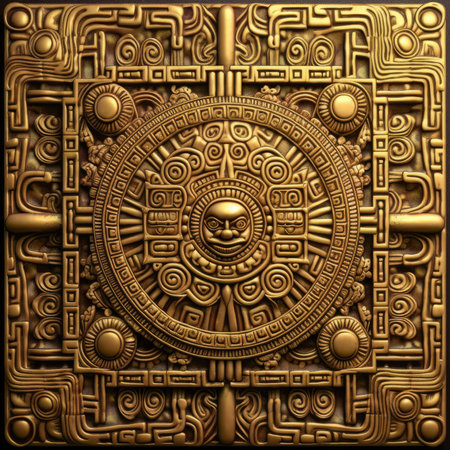 3d rendering of golden metal plate with symbol of chinese god, ancient ornament pattern, aztec incas maya ornament on gold metal, handmadeの素材