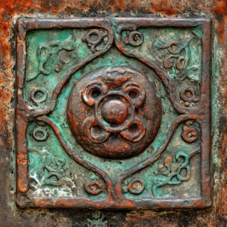 Rusty metal plate with a lion head, closeup of photoの素材