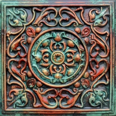 Close up detail of a decorative patterned ceramic tile in the form of a circle, ancient ornament pattern, handmadeの素材