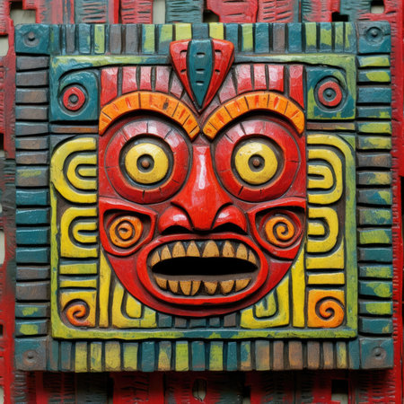 Colorful wood carving of a mayan idol with an evil face, ancient ornament pattern, african ornament on wood and metal, handmadeの素材