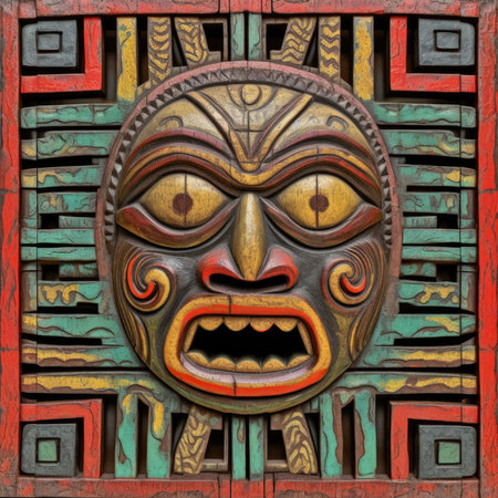 Wooden mask in the style of the ancient Mayan civilization, ancient ornament pattern, african ornament on wood and metal, handmadeの素材