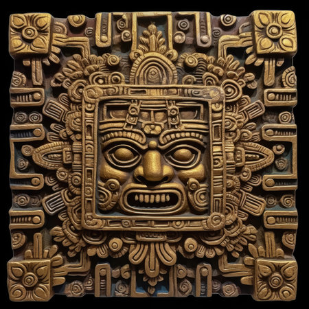Tiki mask on a black background. Tiki mask on a black background, ancient ornament pattern, aztec maya incas ornament on gold, handmadeの素材