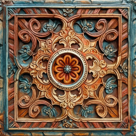 Detail of a wooden door with a decorative element in the shape of a flower, ancient ornament pattern, aztec maya incas ornament on stone, handmadeの素材