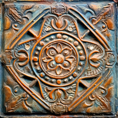 Detail of an ornament on the facade of an old building, ancient ornament pattern, ornament on stone, handmadeの素材