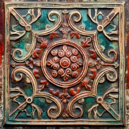 Closeup detail of an ornate metal plate with decorative ornaments, ancient ornament pattern, ornament on stone, handmadeの素材