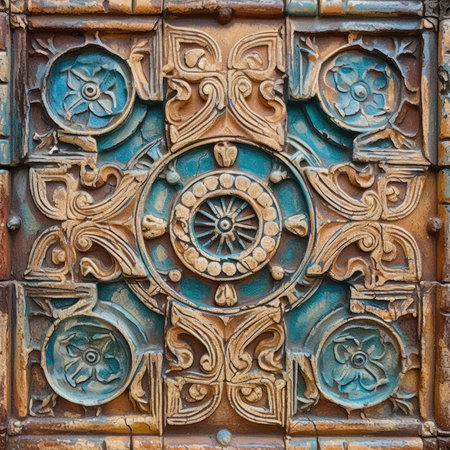 Detail of the facade of a house in Fez, Morocco, ancient ornament pattern, aztec maya incas ornament on stone, handmadeの素材