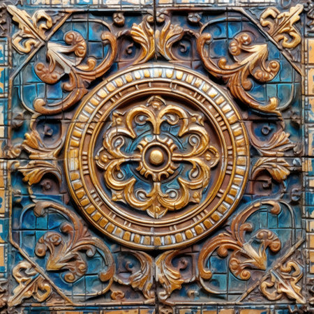 Detail of the facade of the Palazzo Vecchio in Florence, Italy, ancient ornament pattern, aztec maya incas ornament on stone, handmadeの素材