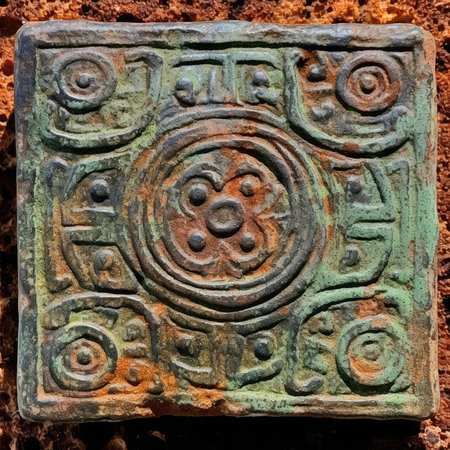 Old stone carving in the form of a circle, closeup of photo, ancient ornament pattern, aztec maya incas ornament on stone, handmadeの素材