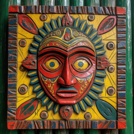 Colorful tribal mask on a wooden wall, Bali, Indonesia, ancient ornament pattern, african ornament on wood and metal, handmadeの素材