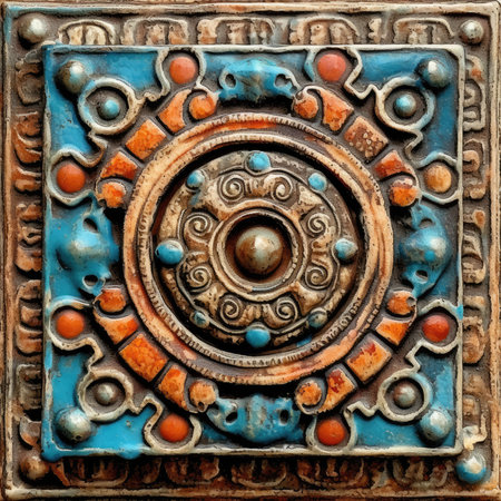 closeup of an ornament on a wall of an ancient temple in India, ancient ornament pattern, aztec maya incas ornament on stone, handmadeの素材