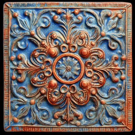 Close-up of a decorative pattern on a blue pottery, ancient ornament pattern, aztec maya incas ornament on stone, handmadeの素材