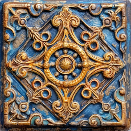 Closeup detail of ornamental decorative pattern on ceramic tile. Abstract decorative background, ancient ornament pattern, ornament on stone, handmadeの素材