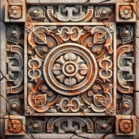 Closeup detail of a decorative patterned wooden door in the form of a circle, ancient ornament pattern, aztec maya incas ornament on stone, handmadeの素材