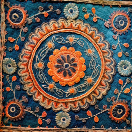 Handmade indian paisley carpet, detail of a carpet, ancient ornament pattern, handmade, embroidered on fabricの素材