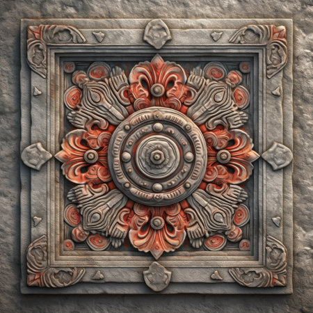 Vintage decorative element in the form of a circle on the wall, ancient ornament pattern, aztec maya incas ornament on stone, handmadeの素材