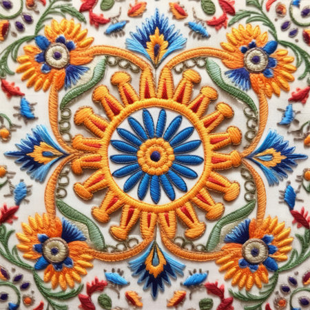 Colorful embroidery on the wall of the house, close up, ancient ornament pattern, handmade, embroidered on fabricの素材