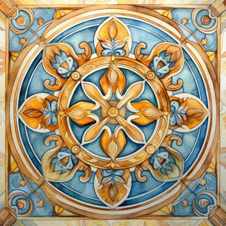 Detail of the arabesque design on the ceiling of a building, ancient ornament pattern, handmadeの素材