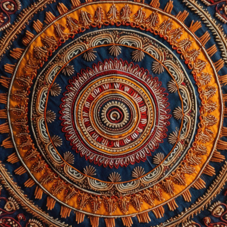 Detail of the details of a colorful handmade indian paisley rug, ancient ornament pattern, handmade, embroidered on fabricの素材