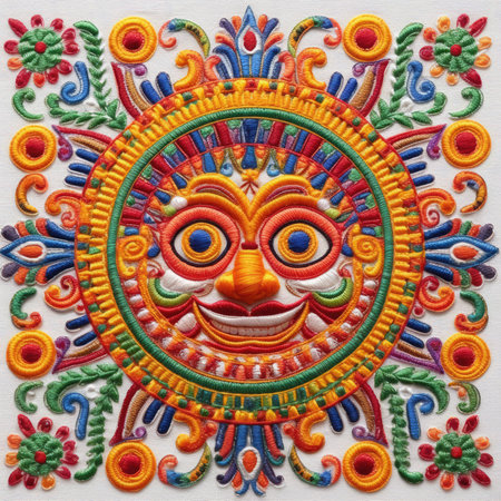Colorful traditional handicrafts on the surface of the water, ancient ornament pattern, handmade, embroidered on fabricの素材