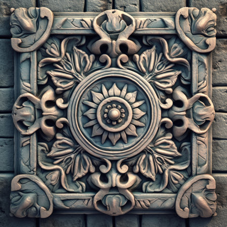 Decorative ornament on the facade of a building in the city, ancient ornament pattern, handmadeの素材