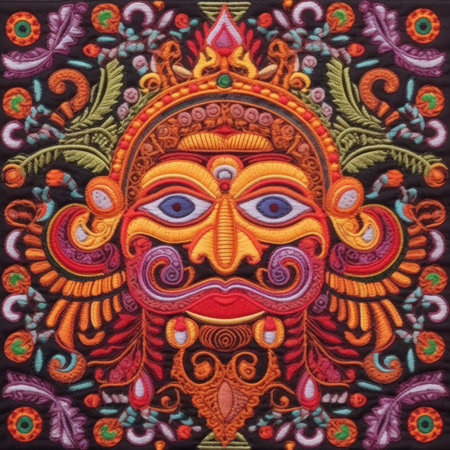 Colorful traditional mayan mask on the wall of a temple in Thailand, ancient ornament pattern, handmade, embroidered on fabricの素材