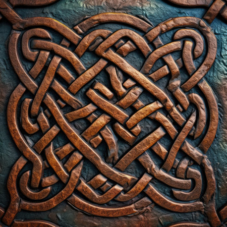 Metal texture with embossed pattern. 3d rendering. Computer digital drawing, ancient ornament pattern, celtic vikings knots ornament on leather, handmadeの素材